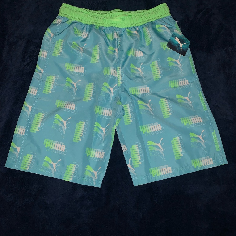 Puma Light Blue Swim Shorts with Neon Green Logo Accents